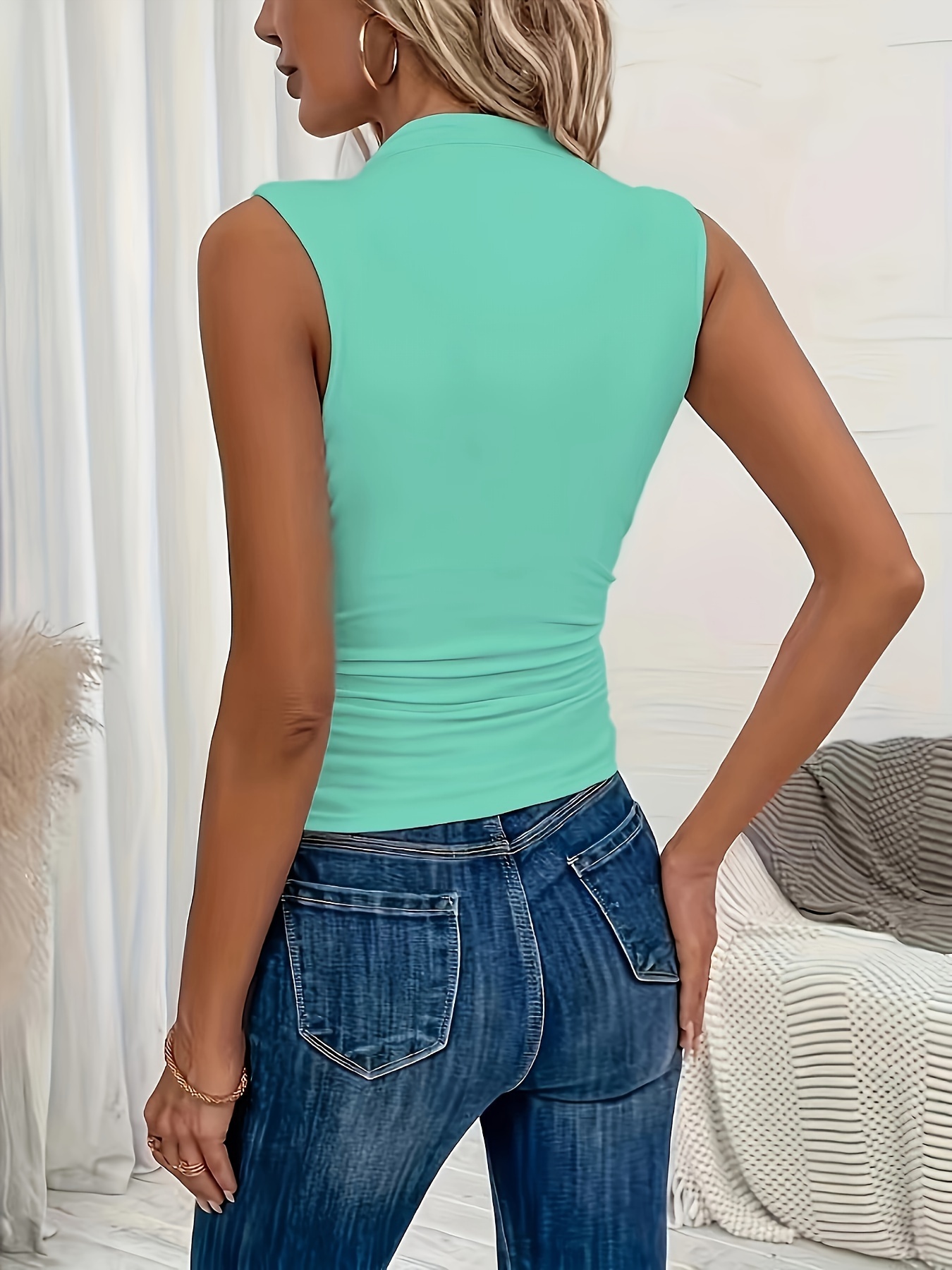 Women'S Elegant Sleeveless Vest - Vibrant Red with Ribbed Cuffs & Waist Detail, Stretchy Polyester Blend for Spring/Summer, Machine Washable, Casual Chic Style
