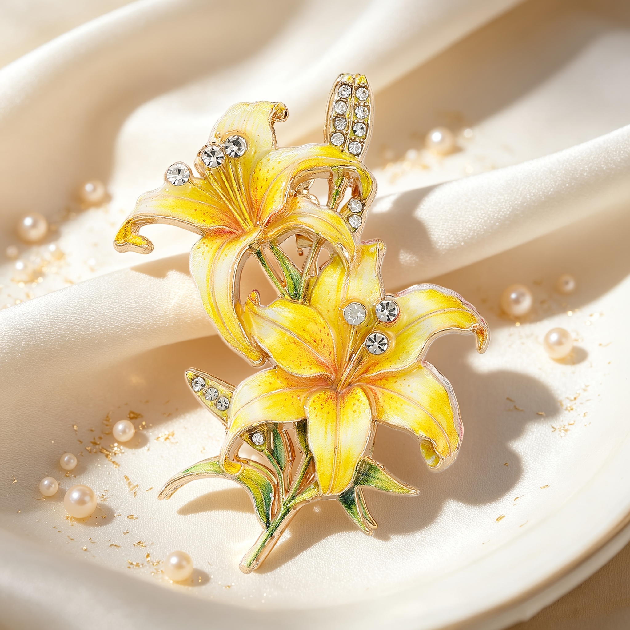 TEMU 1pc Double Lily Flower Enamel Brooch, Rhinestone Vintage Flower Spray Brooch, Cheongsam Suit Women's Elegant Accessory Gift, Suitable For