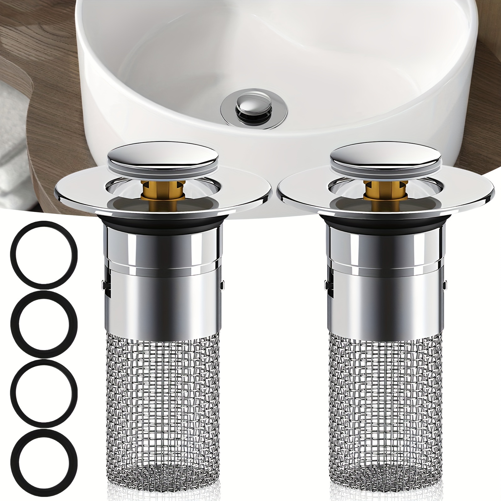 

2pcs Bathroom Sink Stopper Filter Basket Anti Clog Pop Up Sink Drain Strainer Brass Core Basin Drain Filter 304 Stainless Steel Sink Drain Stopper For 1.33-1.57inch Sink Hole