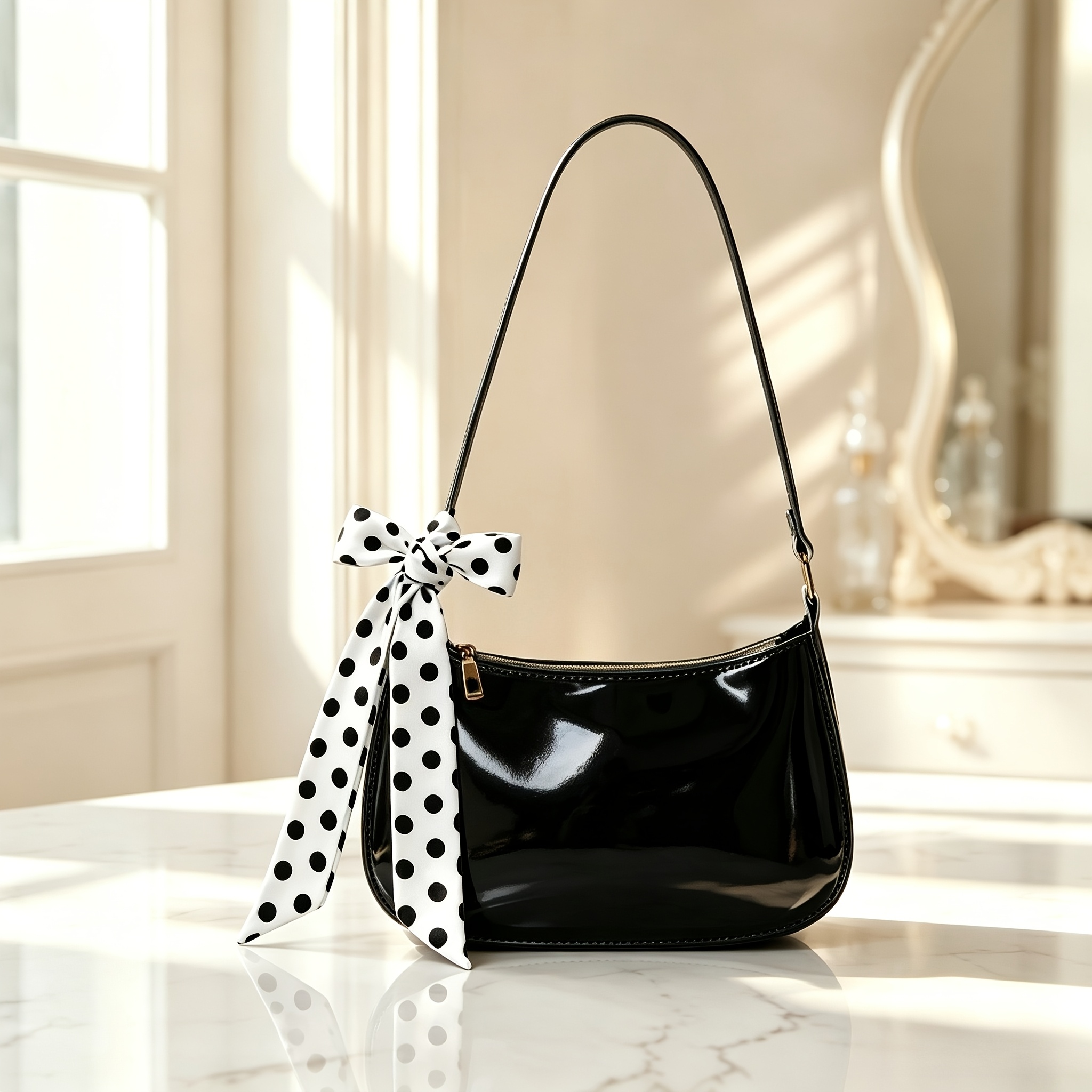 TEMU 2pcs Women's Shoulder Bag - French & White Polka Dot Handbag With Zipper Closure, Minimalist Handbag Suitable For, Office, Travel, Commuting,