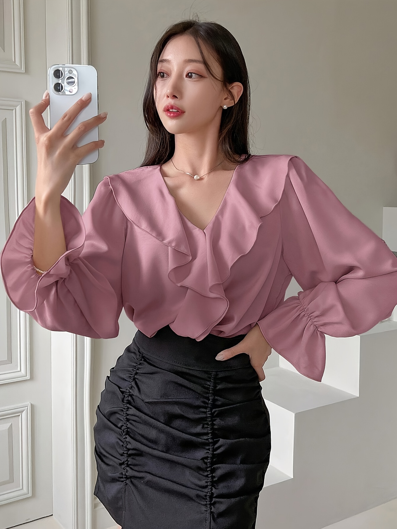 Elegant Solid Color Ruffle V Neck Blouses