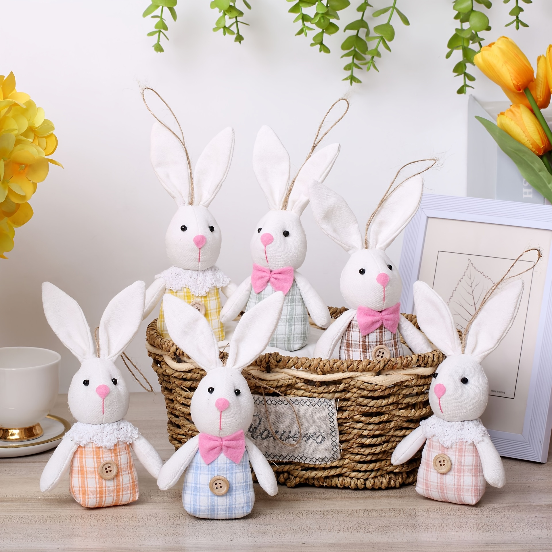 

6pcs Set Of Easter Bunny Hanging Decorations - Fabric Rabbit Figurines With Checkered Dresses & , Ideal For Tabletop Display