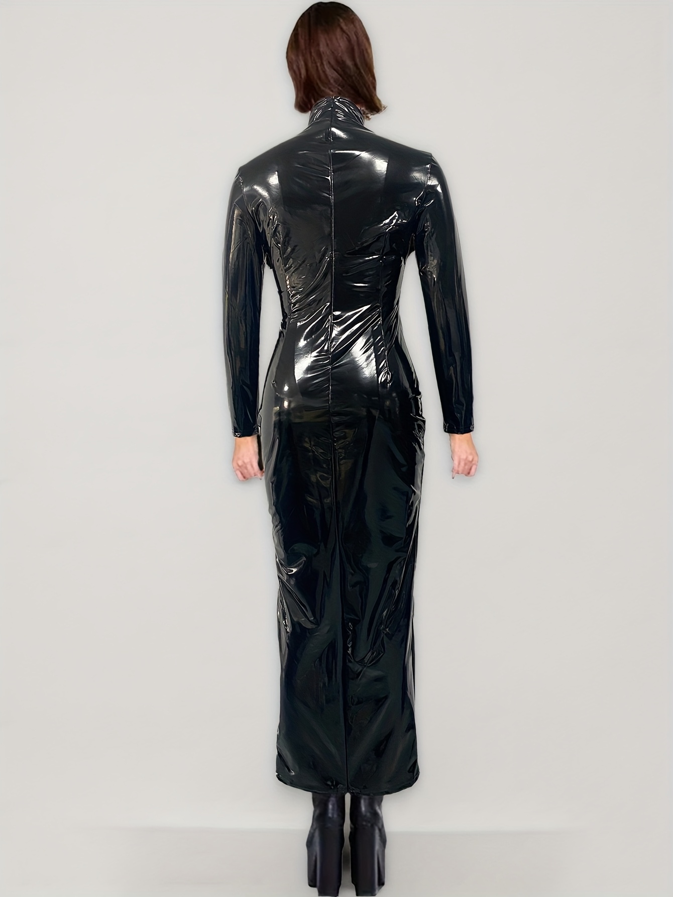 Women'S Sexy Black PVC Skinny Dress with High Neck, Long Sleeves - Plus Size Faux Leather, Zipper Detail, All-Season Fashion, Adult Clothing|Sleek Fit|Zippered Dress