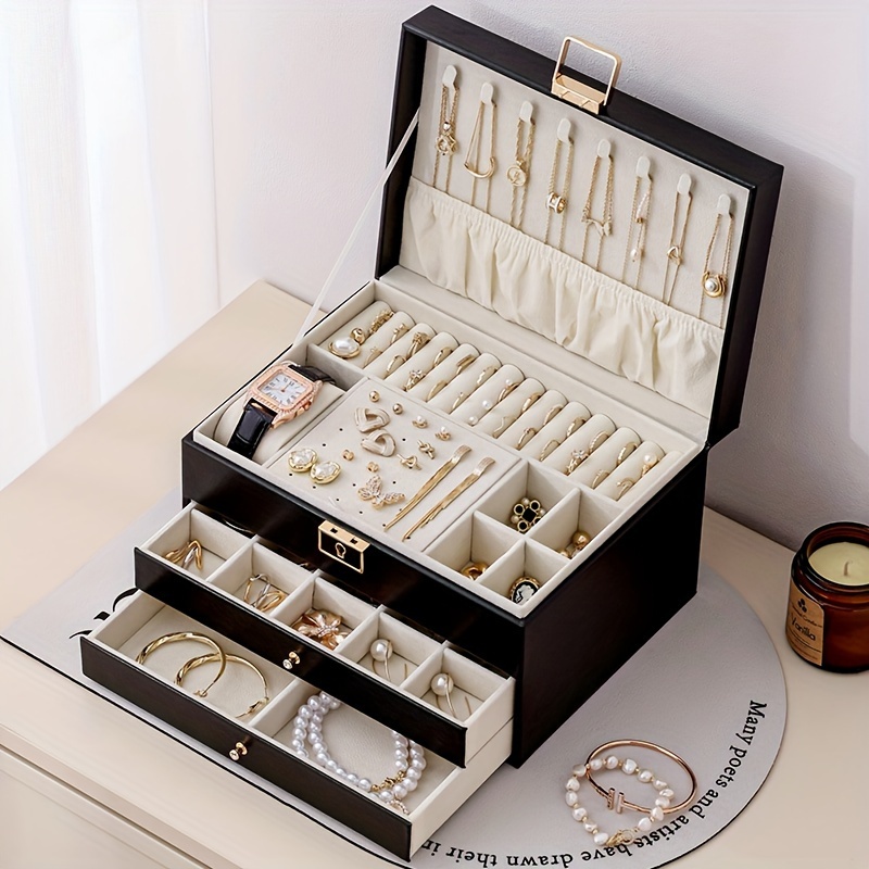 1pc large multi tier jewelry box with lock double drawer multi functional storage box for necklace rings earrings watches Product details 0