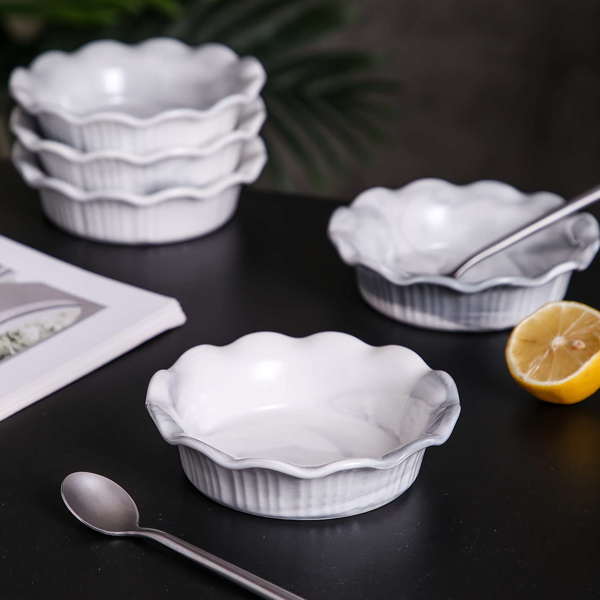 Porcelain Marble Mini Molds 200ml - 6pcs Set - Oven-safe Baking Molds - Durable Pastry Molds - Flower-shaped Soufflé Molds