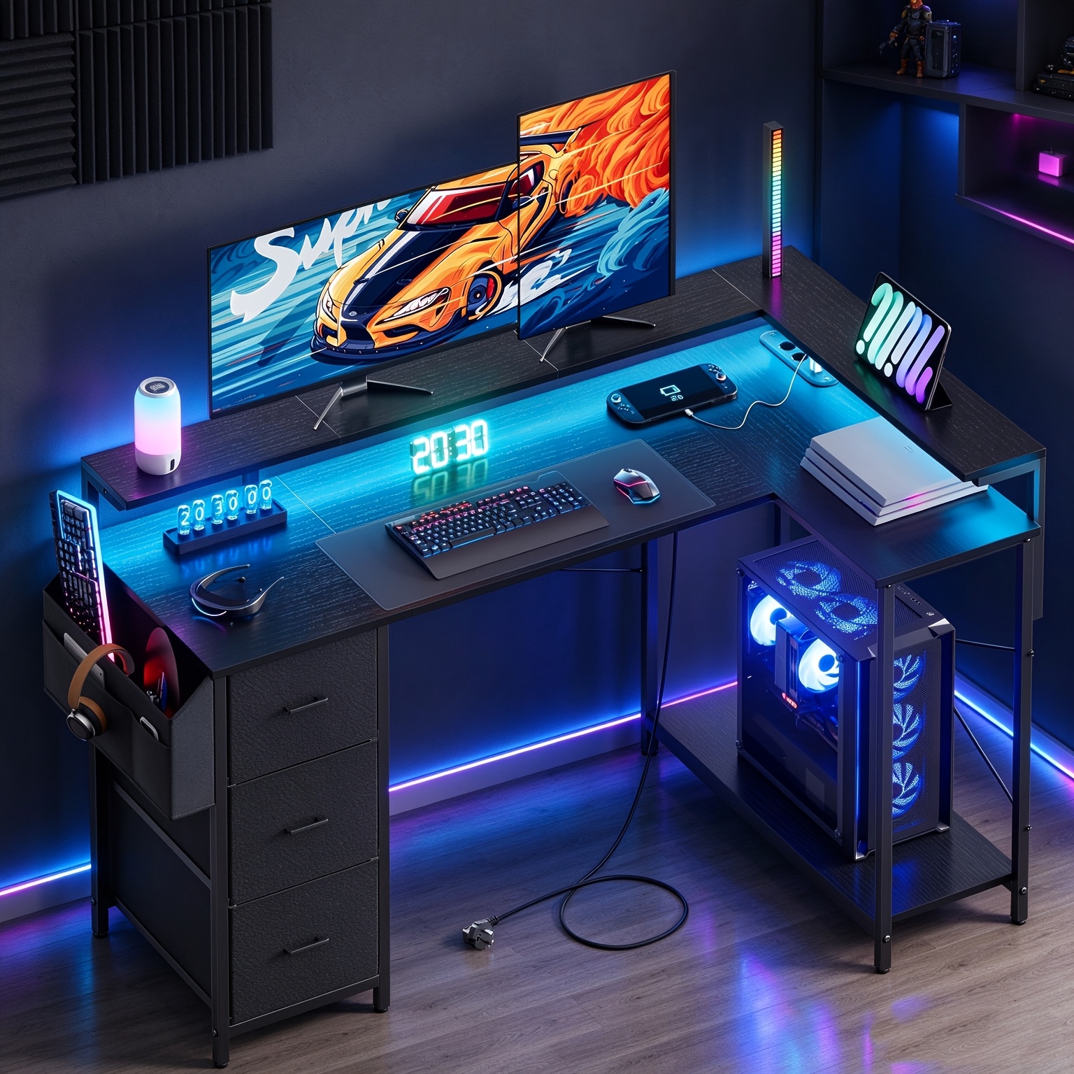 TEMU Scrivania da Gaming ad a Borsa Portaoggetti Laterale e Mensola per pz, Presa di Ricarica USB Integrata, Scrivania per Computer con Luce LED per
