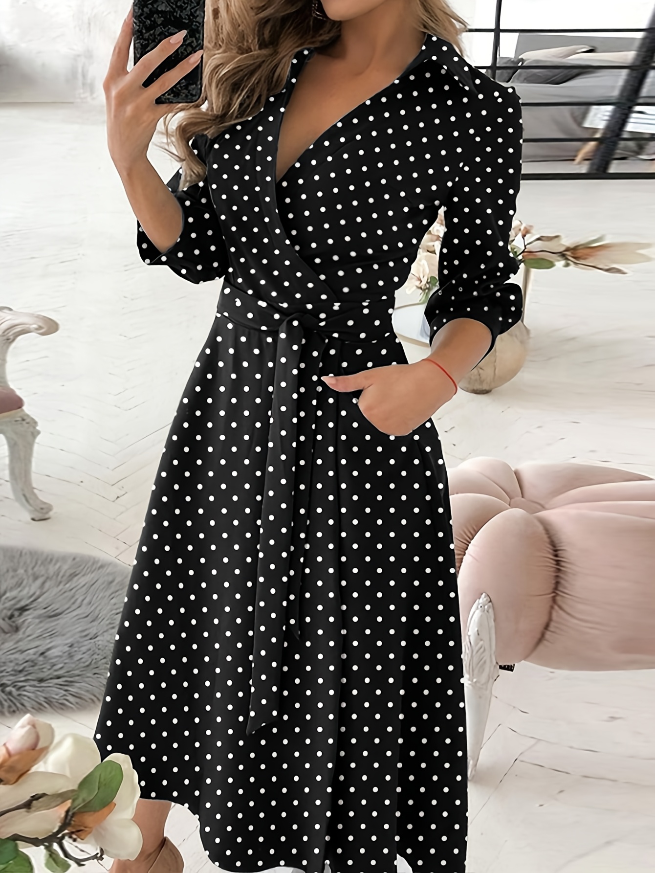 fitted lace wedding dress Seltaon Womens Fall Plus Size Maxi Dresses Casual Long Sleeve Polka Dot  Flowy Swing Shirt Long Dress with Pockets at Amazon Women's Clothing store main image 0