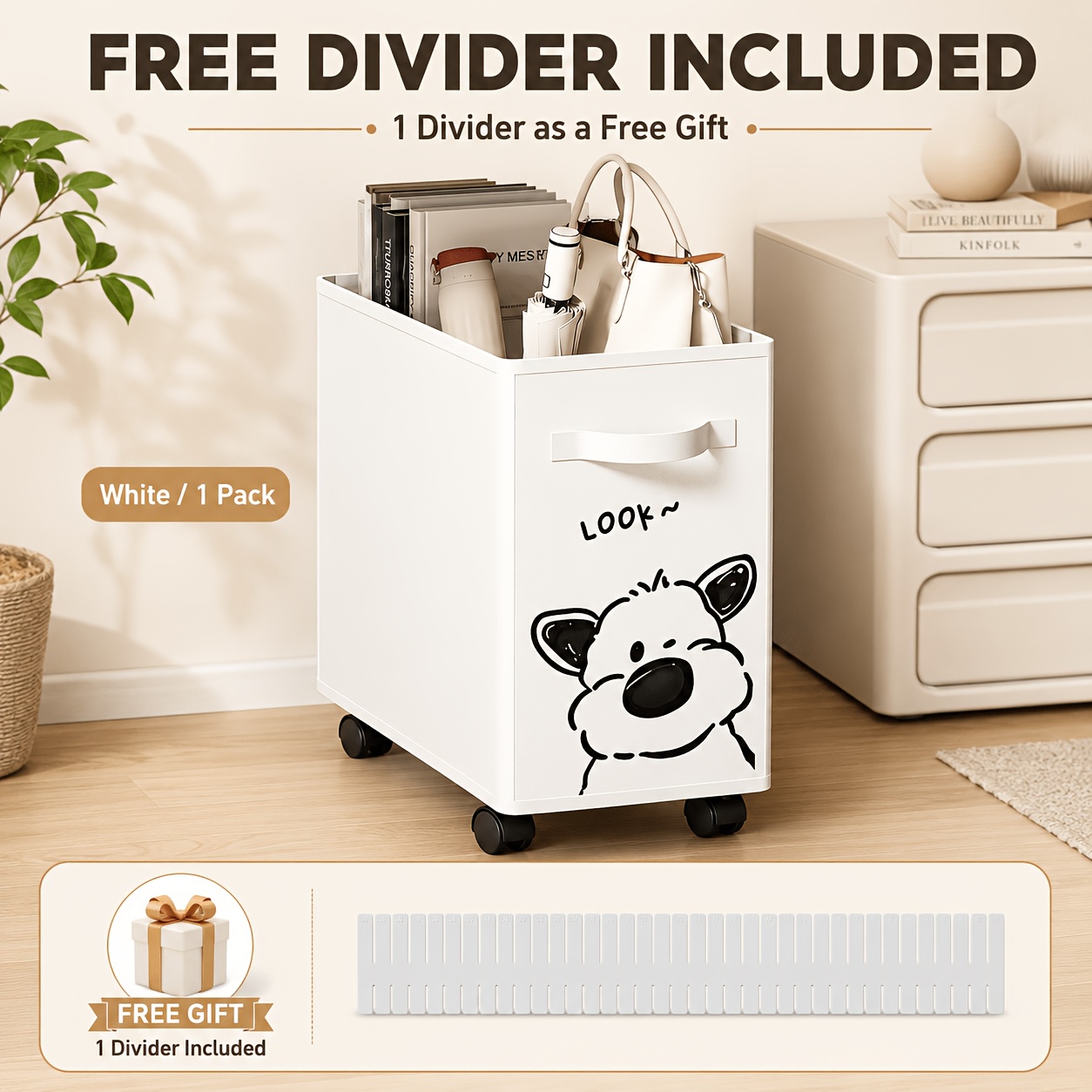 TEMU 2pcs Set: 1 Mobile Storage Bin With Wheels + 1 Divider Panel, Cute Puppy Pattern Under-desk Storage Basket, Narrow Space-saving Organizer Basket