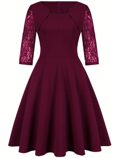 elegant womens dress long sleeve v neck a line silhouette burgundy lace detail polyester spring summer fall adult fashion elegant attire dress polyester fabric