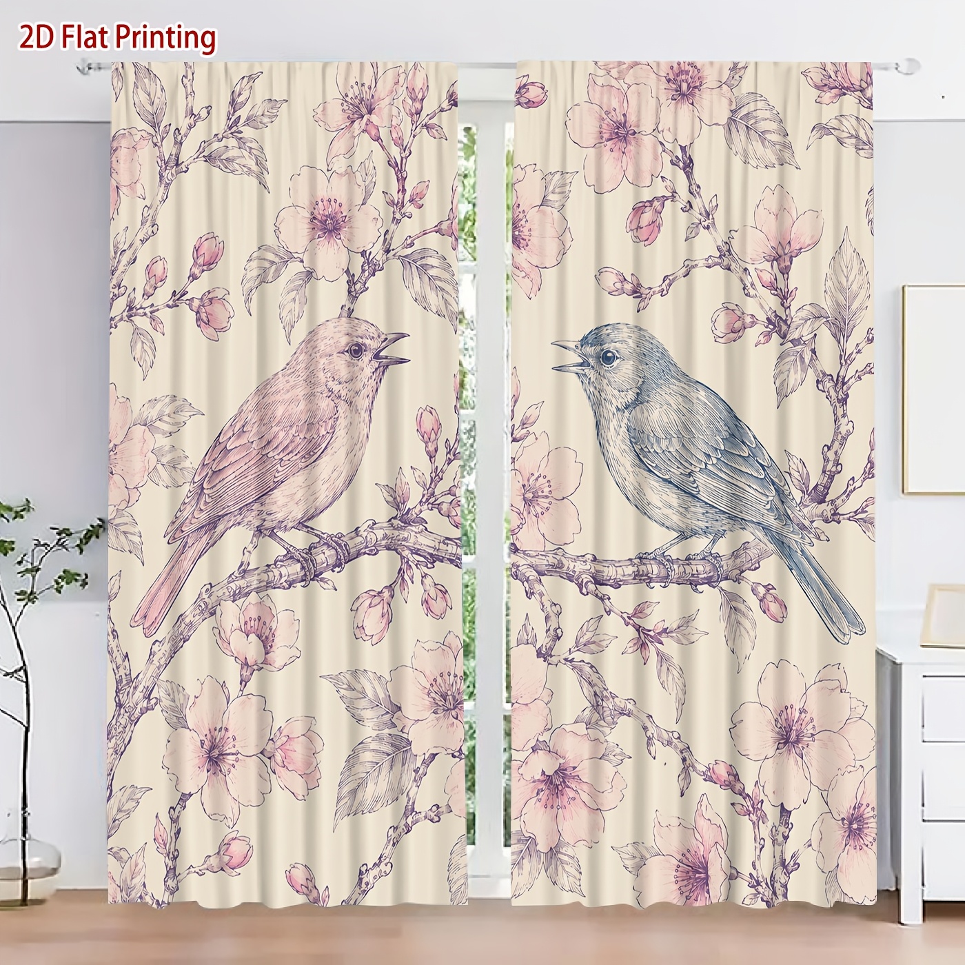2d flat 2d flat product 2pcs 2d flat printing floral bird pattern curtains suitable for soft light privacy protection rod pocket   and hang suitable for living room kitchen bedroom study balcony  