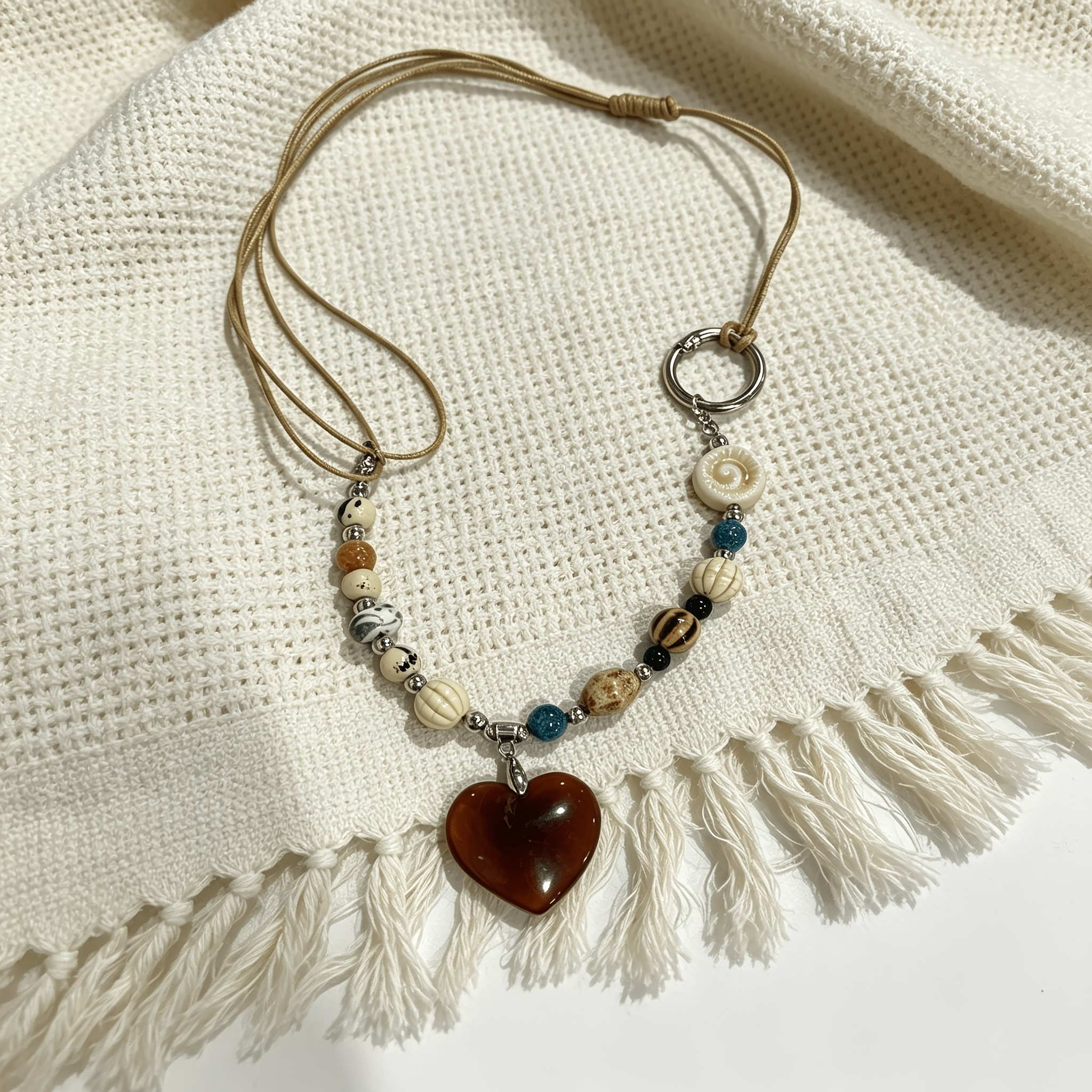TEMU Collier Bohème à Perles de Multicolores avec Pendentif Cœur en Bois Vintage, Longue Chaîne Réglable en Cordon de Cire, Accessoire Tendance pour