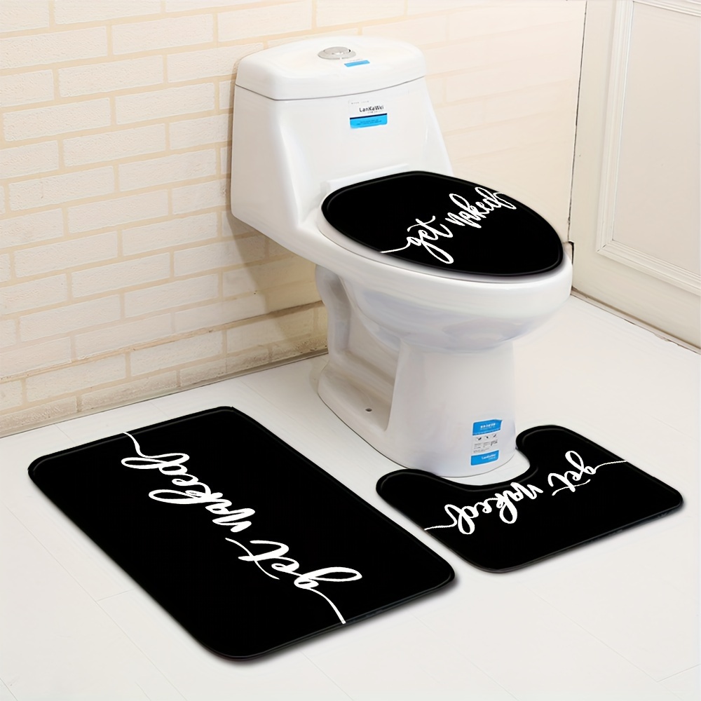 TEMU A "get Naked" Bathroom Rug Set In Black And White, Featuring A Toilet Lid Cover And Bath Mat, Designed To Be Absorbent And Non-slip, Perfect For