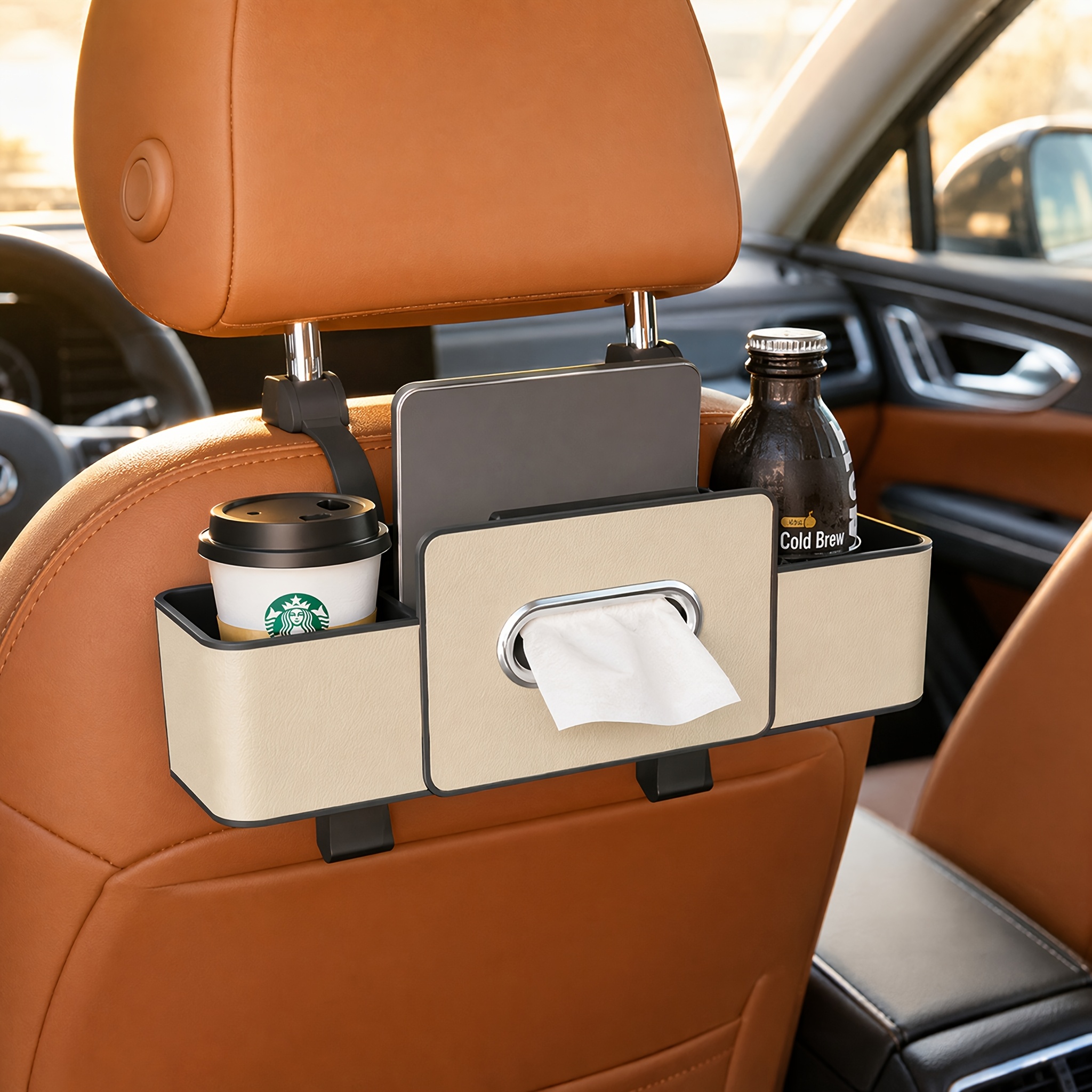 Image of Car Backseat Organizer With Tissue Holder, Cup Compartments, Phone Slot And Bag Hooks, Design For A Tidy And Convenient Ride, Suitable For Family Trips, Daily Commuting, School Runs, , And Ride-