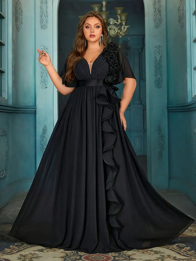V Neck Plus Size Formal Dresses With Sleeves Qoq Plus Size Women's