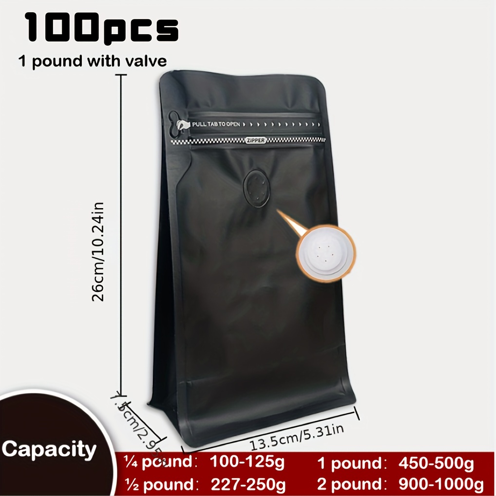 E-shop 100 Stück Schwarze Selbstversiegelnde Kaffeetüten mit Einwegventil – Luftdichte Aufstehbeutel für Kaffeebohnen, Nüsse, Trockenfrüchte &