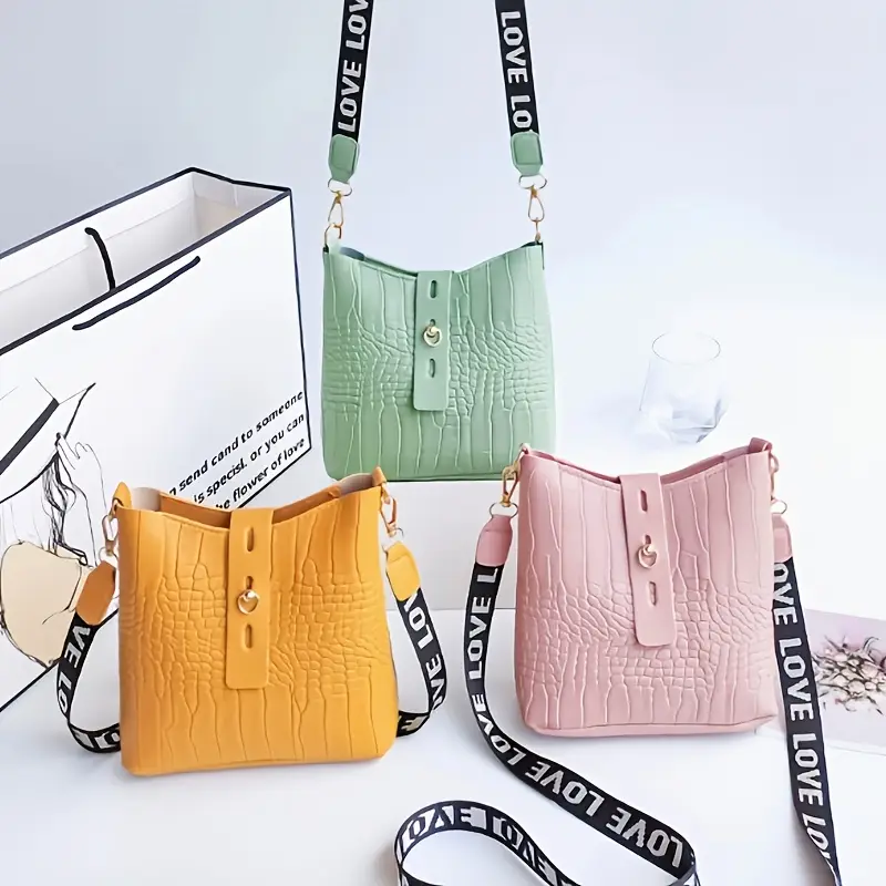 1pc crocodile pattern bucket bag stylish womens crossbody purse with hardware black casual or formal occasions details 0
