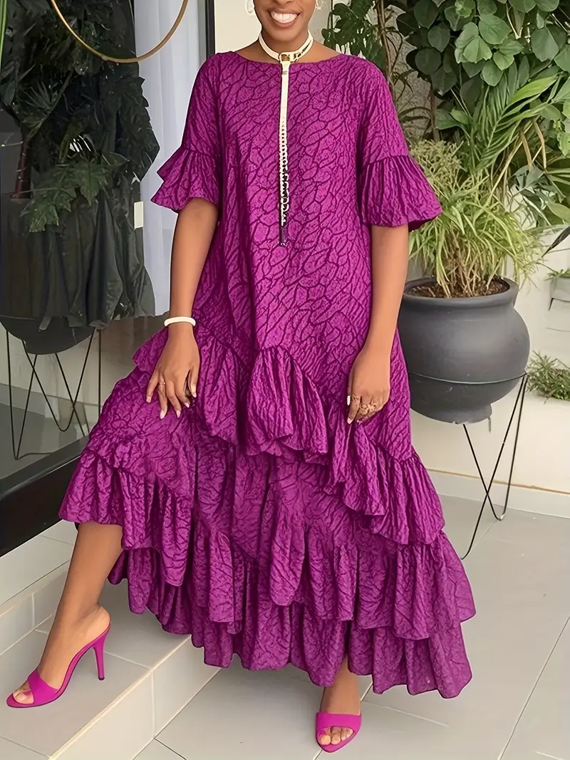 foofo womens 2025 spring summer elegant floral print maxi dress loose fit half sleeve ruffle trim layered pleated skirt round neck for office party wedding fuchsia s 2xl Product details 0
