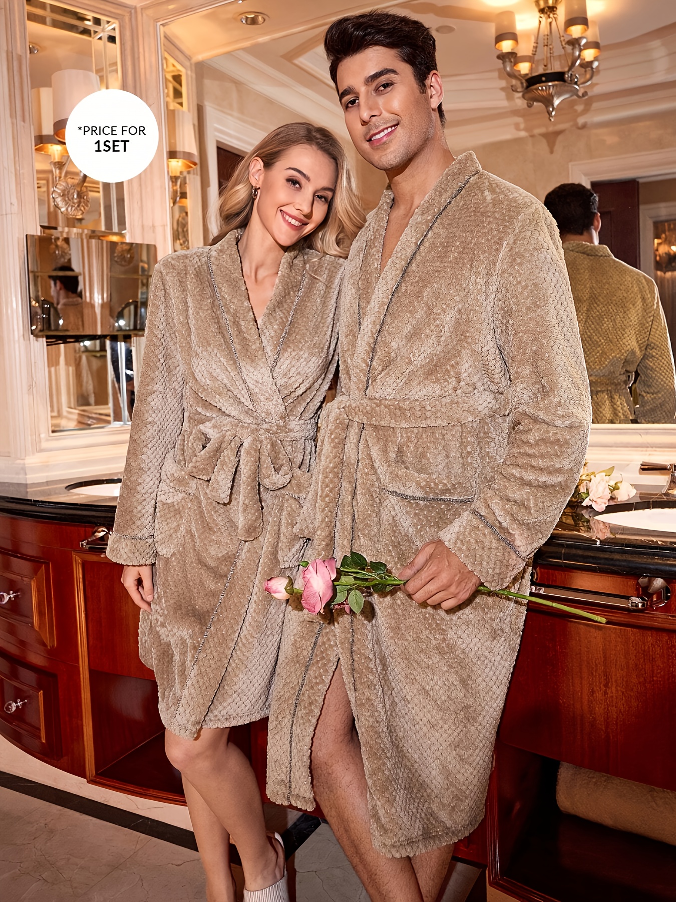 [MEN/WOMEN] New Autumn Winter Couple s Plush Baby Fleece Pocket Robe for Women or Men, Single-Piece Bathrobe with Size Chart in Picture