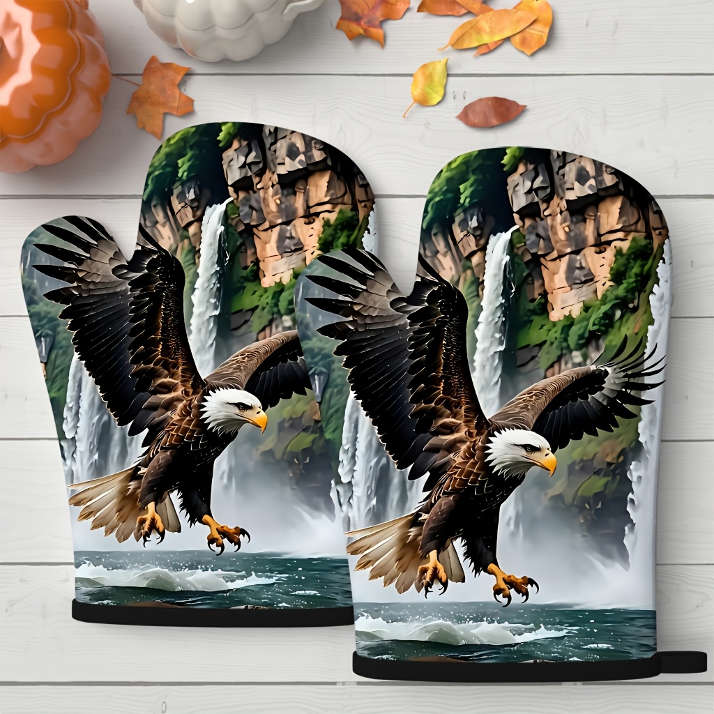 TEMU 2pcs Set Of Heat-resistant Oven Mitts, Suitable For Baking, Microwaves, And Air Fryersâwatercolor Eagle And Waterfall Pattern, Polyester Kitche