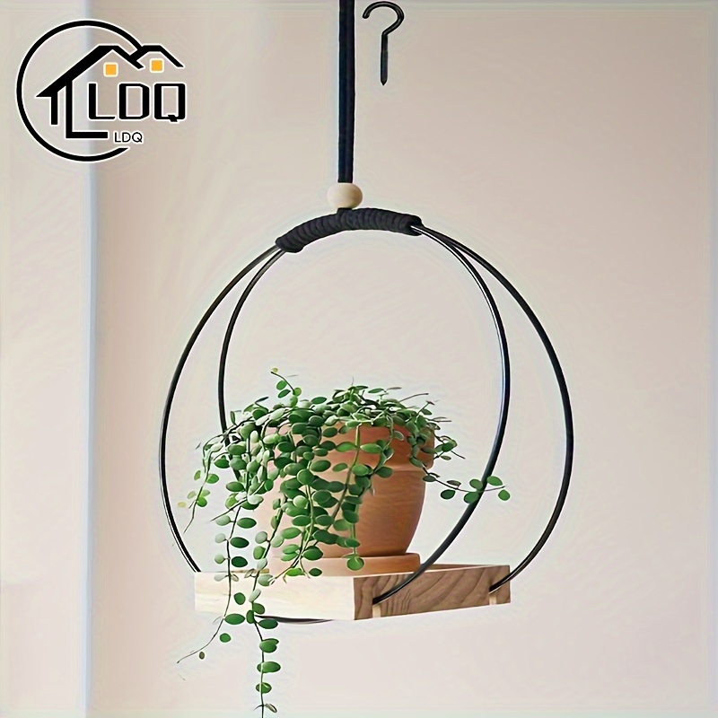 

[customer ] -chic Black Macrame Plant Hanger With Wooden Base - Indoor/outdoor Decor, Wall Or Window Display (pot & Plant Not Included)