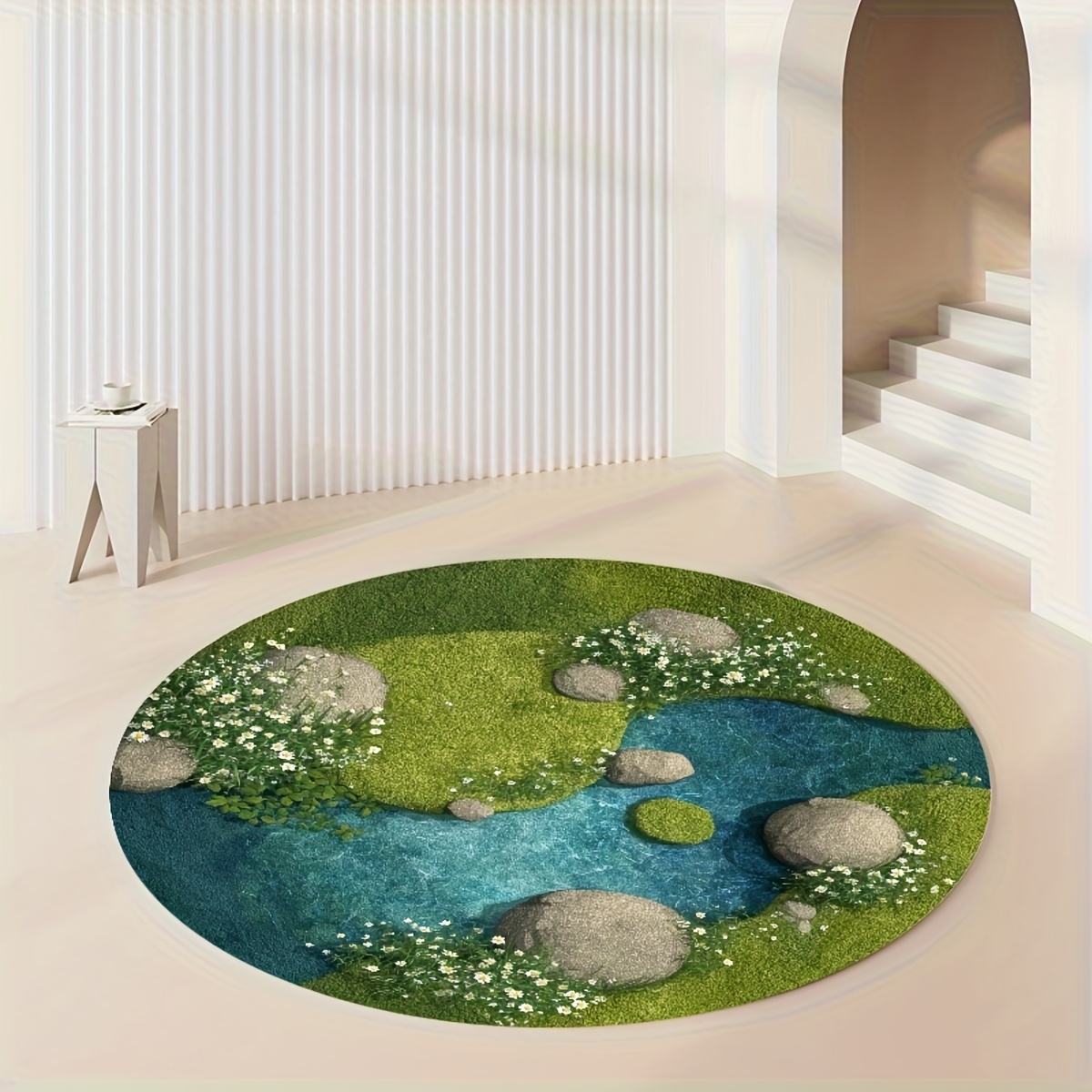TEMU 2d Flat, 2d Flat Printed Flannel Bathroom Anti-slip Mat Round Carpet,, Velvet Material, Universal Floor Mat For Living Room Bathroom Bedroom