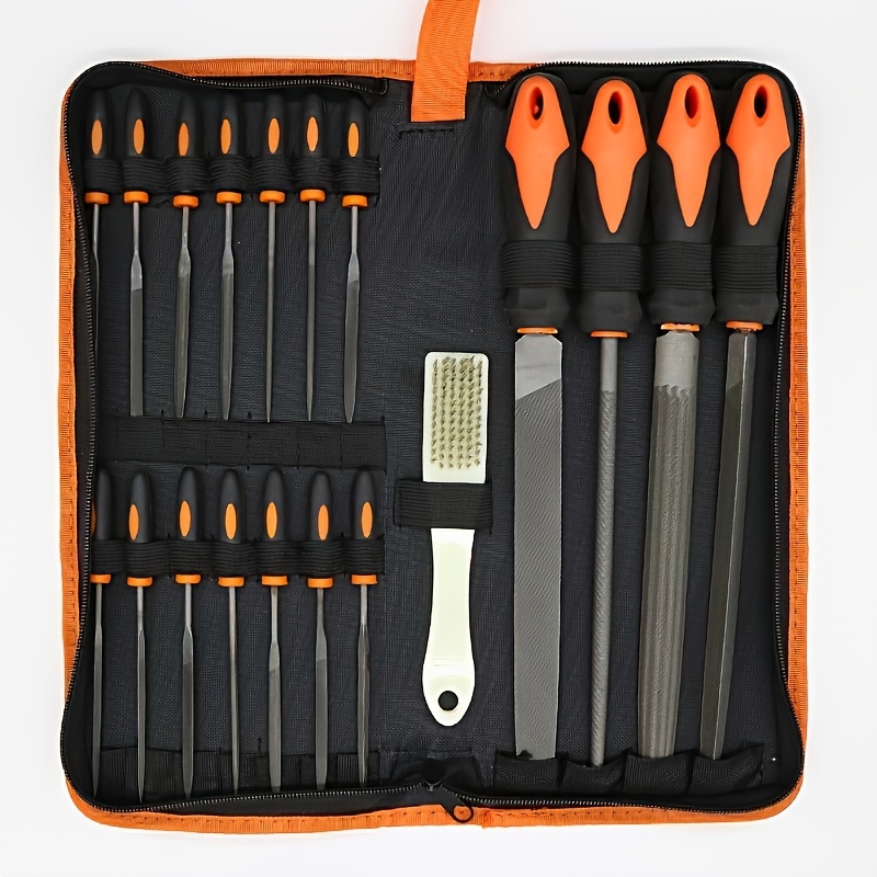 

17pcs File Tool Set With Carry Case, Premium Grade T12 Drop Forged Alloy Steel, Precision Flat/triangle/half-round/round Large Files, With 12pcs Needle Files And 1pc Brush