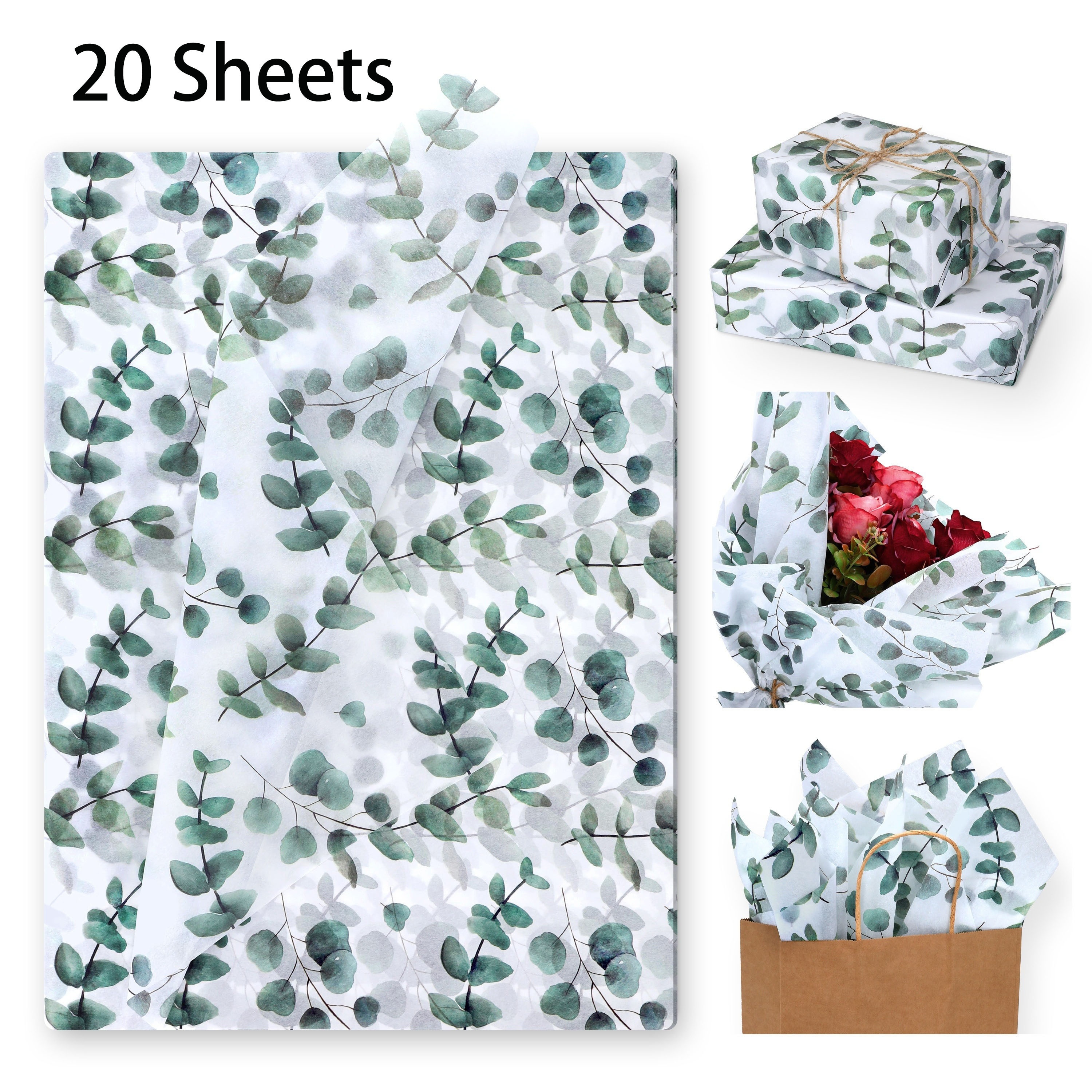 

20 Feuilles de Grand Papier d'Emballage en Tissu d'Eucalyptus, 19.7"X27.6", Vert Clair - Parfait pour la Décoration de Fête, Cadeaux d'Anniversaire & de Mariage, Bouquets de Fleurs