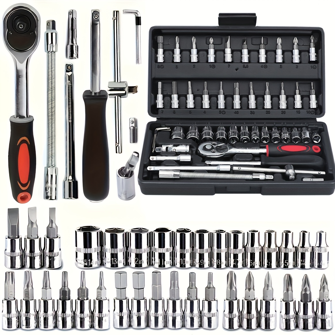 

46pcs Jeu de clés à douille en acier au - Kit d'outils à cliquet pour la réparation automobile, de vélos et de motos - Prêt à l'emploi, aucun