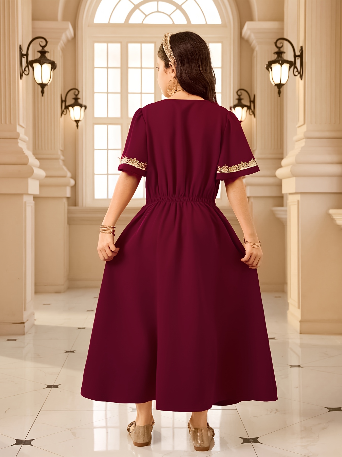 family photos burgundy dress girls ethnic style v neck short sleeve front arhive 11.2025 Size:80 cm Livesso Spring Summer Black Prom dresses