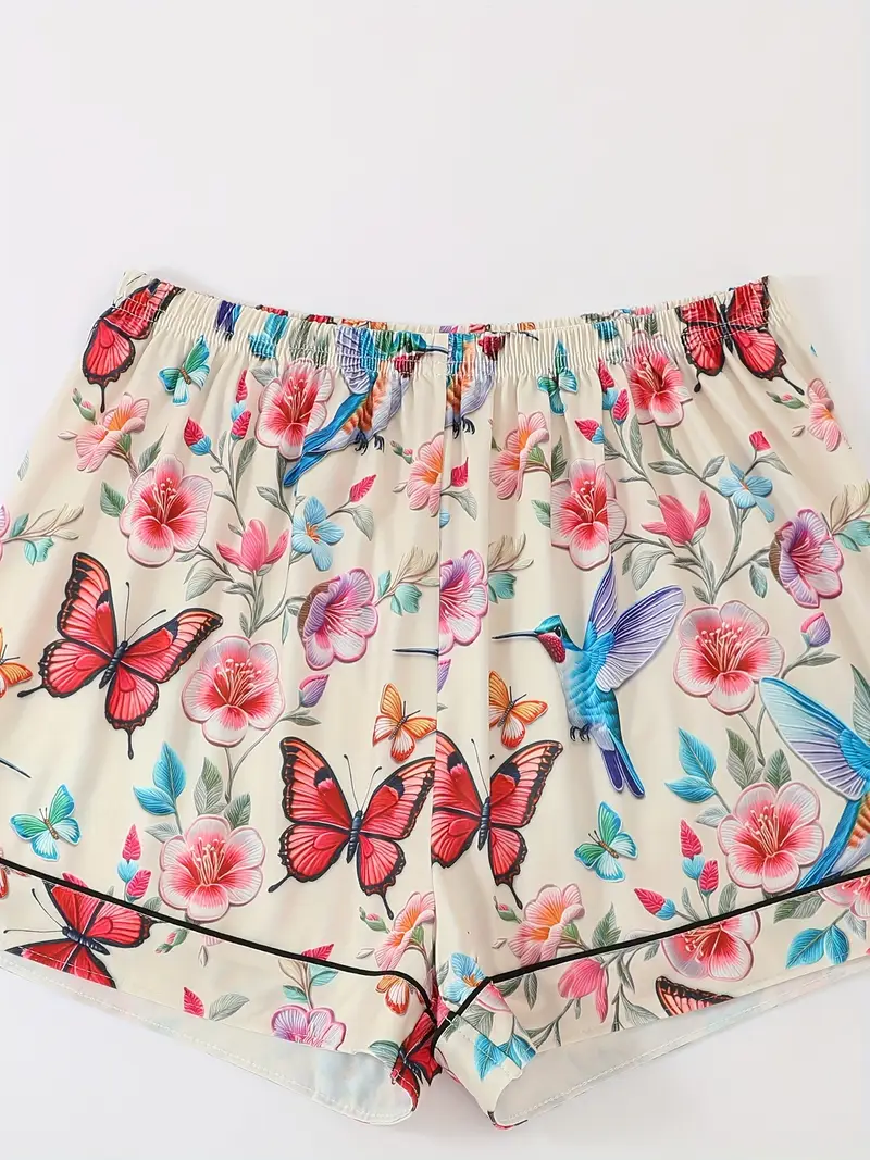 womens pajama set piece ensemble featuring cute cartoon animal designs with butterflies and birds a casual collared top drawstring waist shorts and long pants suitable for summer and made from comfortable fabric with button pocket details for adult loungewear Product details 7