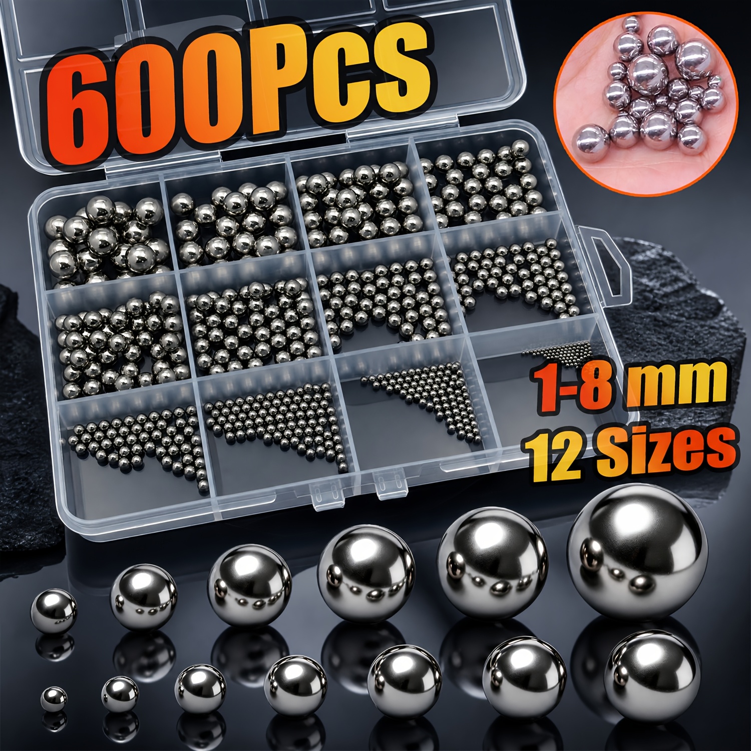 Image of 600pcs 12 Size Stainless Steel Balls 1-8mm Metric Bicycle Bearing Balls Assortment Kit Mixing Balls 1mm 2mm 2.5mm 3mm 3.5mm 4mm 4.5mm 5mm 5.5mm 6mm 7mm 8mm