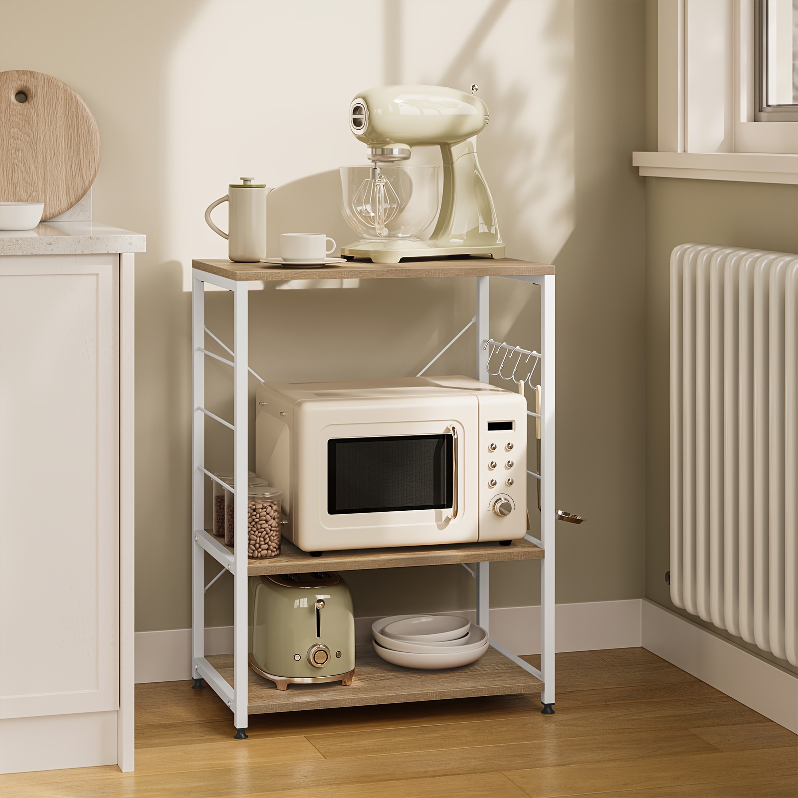 Étagère de cuisine 1 pièce, Étagère de rangement de cuisine, Étagère sur pied, Espace de rangement, Support pour micro-ondes, Étagère de boulanger, Étagère domestique, Chêne clair et blanc/Style rétro