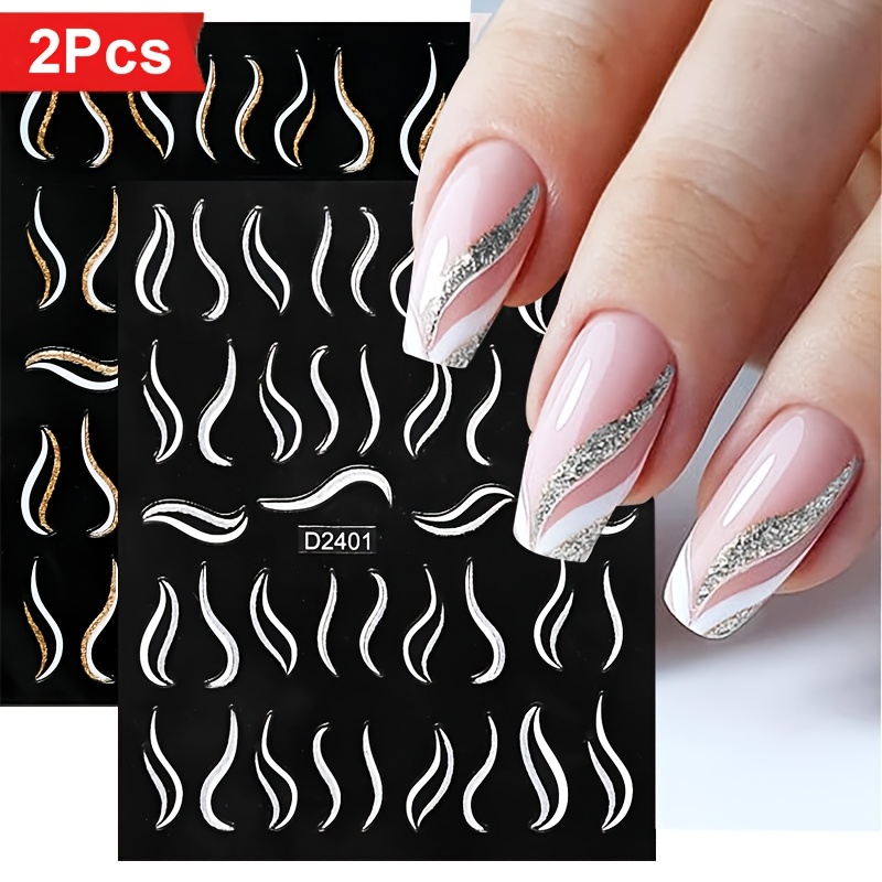 

2pcs Silvery Glitter Nail Art Stickers,french 3d Nail Decals Swirl Line Nail Design,3d Self-adhesive Golden Transfer Slider Nail Art Decoration Nail Art Supplies Nail Stickers Diy For Women & Girls