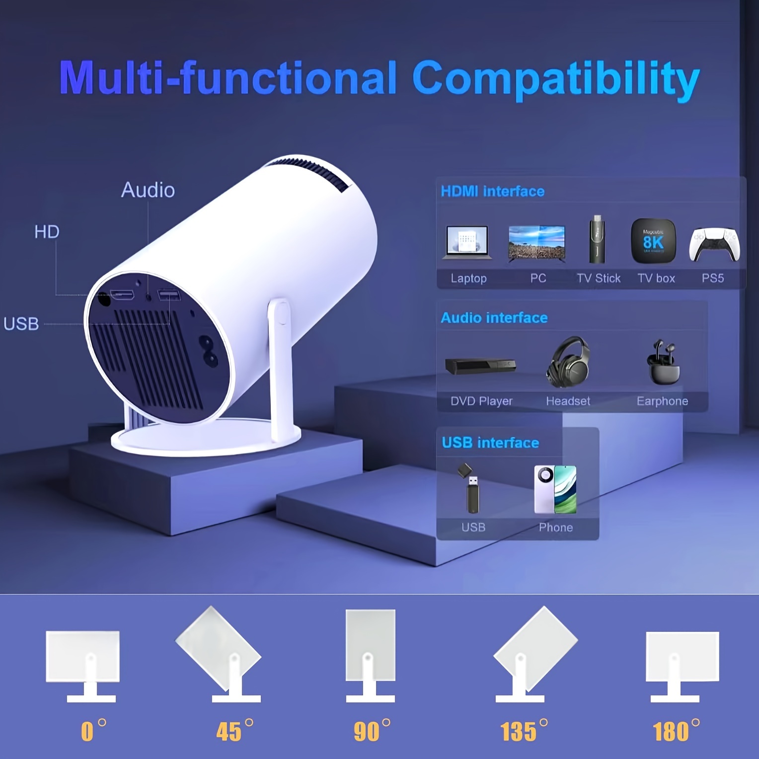 pro portable mini projector - 4k & 1080p hd, dual band wifi6 bt5.0 11.0, ° rotatable, auto keystone correction, 40"-130" screen projection, compact home theater projector for smartphones, tablets & laptops | High-quality & Affordable | Temu Canada