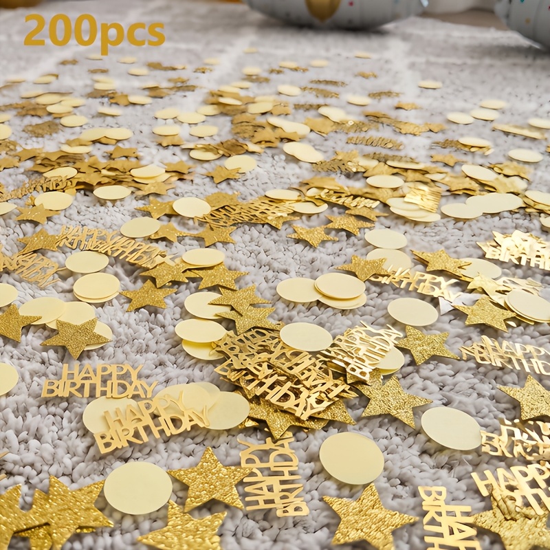 TEMU 200 décorations en papier doré pour fête d'anniversaire, comprenant des lettres " Anniversaire", des étoiles, des combinaisons rondes à