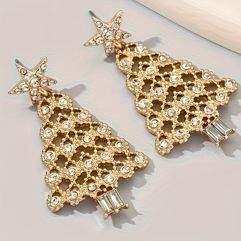 Image of 1 Pair Hollow Christmas Tree Dangle Earrings For Women - Kc Golden-plated Star & Tree Earrings With Layered Branches, Wedding, Party, Banquet, Versatile Holiday (-like)
