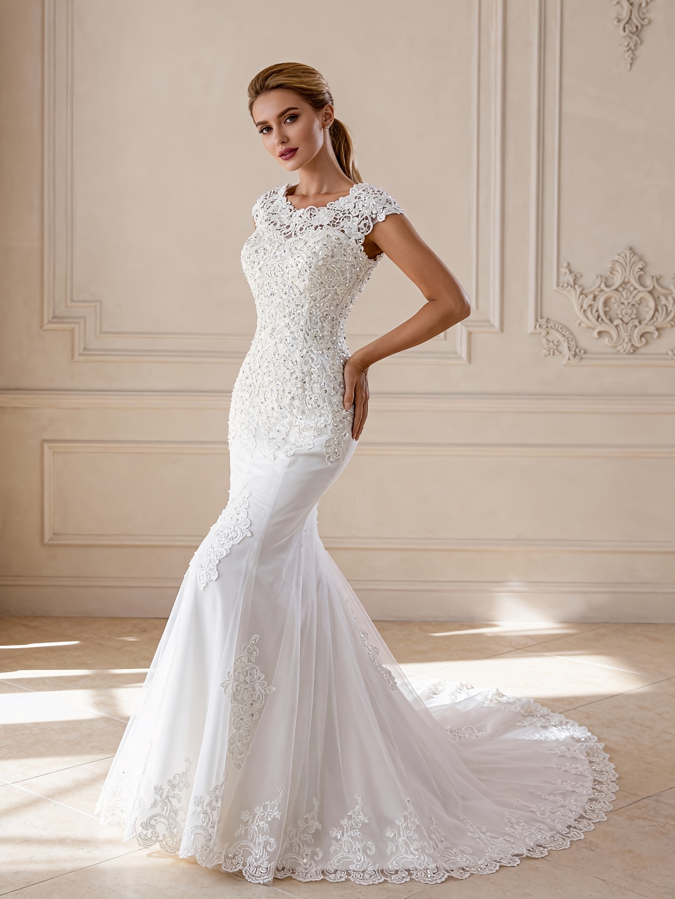 elegant applique hand beaded mermaid style wedding dress - Temu