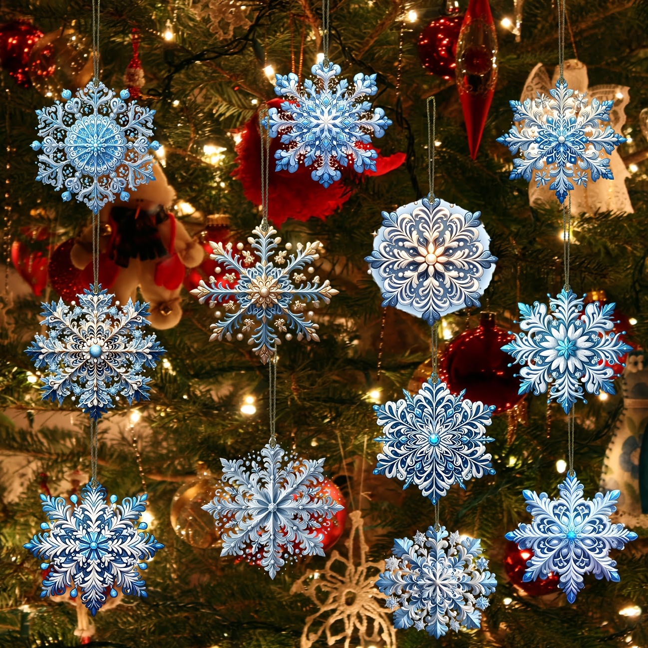 

12pcs Set Of Snowflake Pattern Ornaments, Handmade Wooden Hanging Decorations With Christmas Design, Suitable For Holiday Gifts And Christmas Tree Decorations. Holiday Gifts