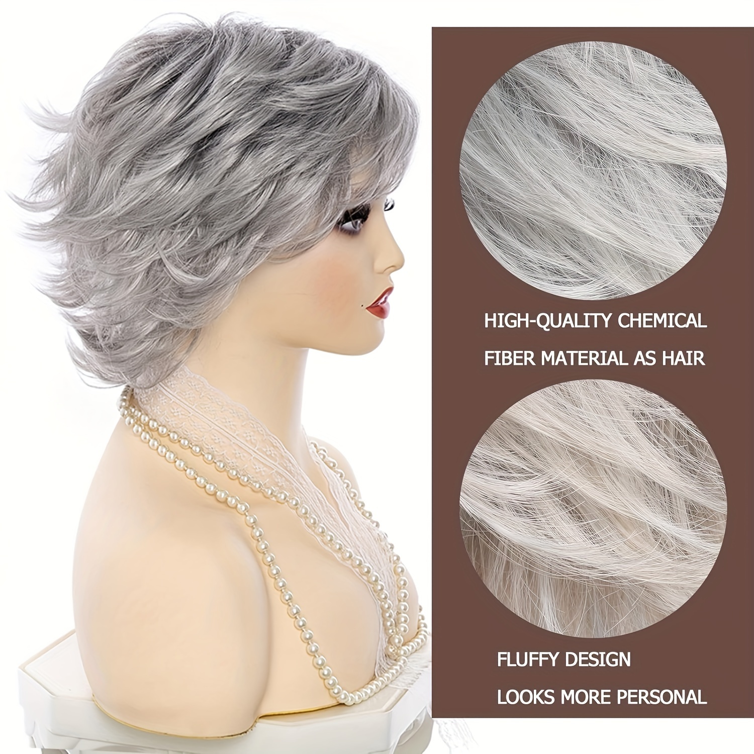 

Elegant Fluffy Short Curly Wig: 6 Inch Grey White Grandma Style With Realistic Bangs And Heat Resistant Fibers - Perfect For Mature Ladies