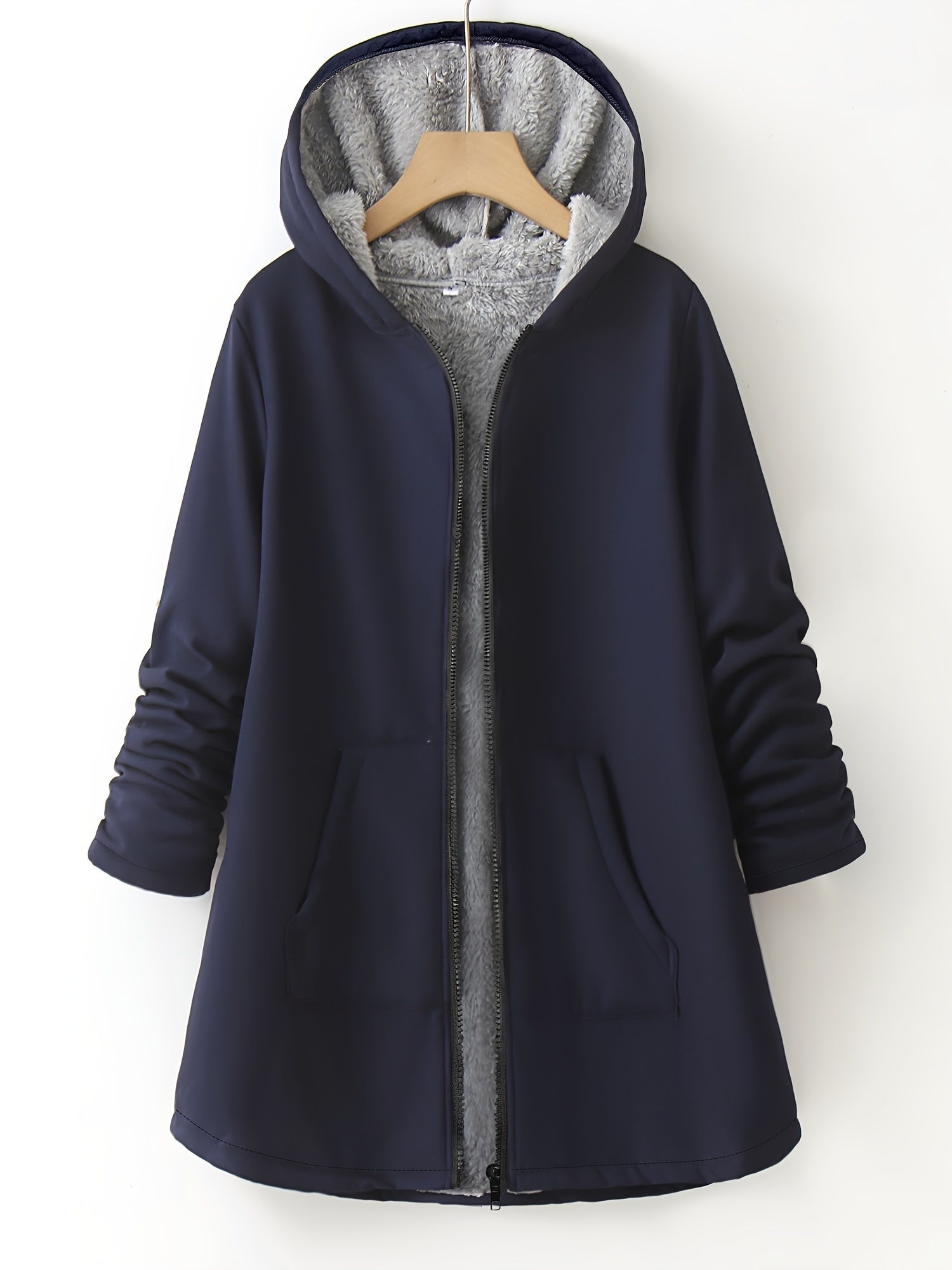 Plus Size Solid Color Pocket Hooded Coat Casual Zipper Front Long Sleeve Warm Outerwear For Fall Winter Women s Plus Size Clothing