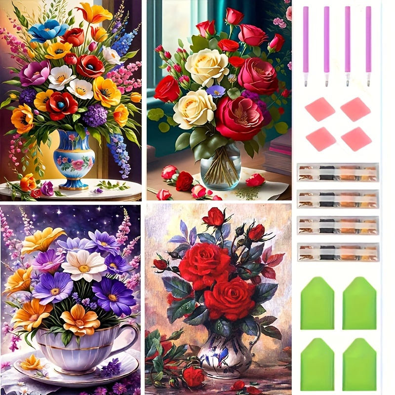 

4pcs, Set Flower Pattern Diamond Painting Set Diy Diamond Painting Art-wall Craft Decoration