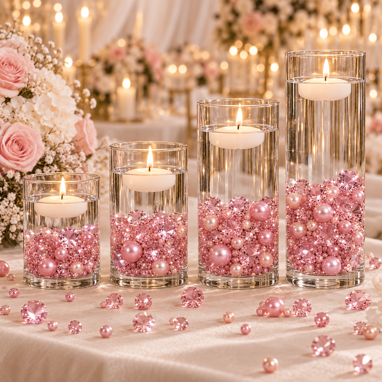 TEMU 936pcs Large Pink Acrylic Diamonds & Pearls Beads - Suitable For Wedding Vase Fillers, Table Scatter Decor, Christmas Party, Diy Crafts, Large
