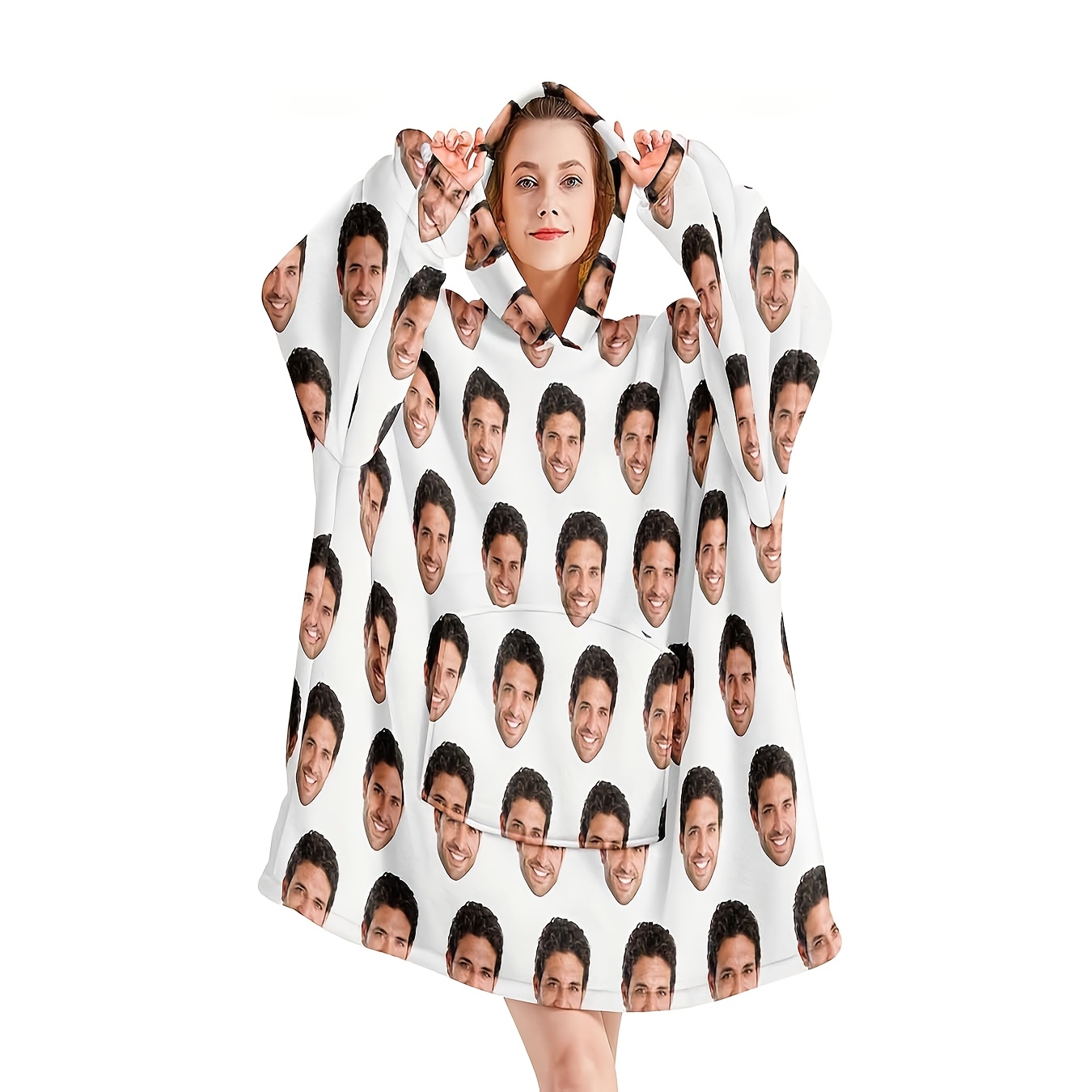 TEMU 1pc Custom Face Wearable Blanket, Adult Ladies Big Head Sticker Hooded Blanket, Warm And Comfortable Hooded Blanket With Big Pockets, Gift