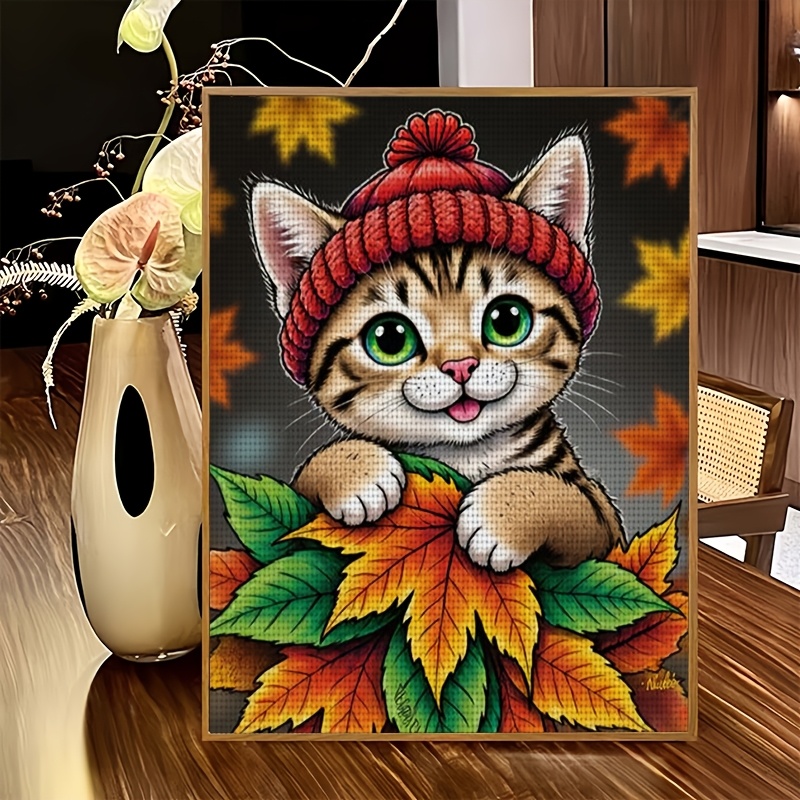 Frameless Cross-Stitch Printed Kit, Red Hat Kitten and Autumn Leaves