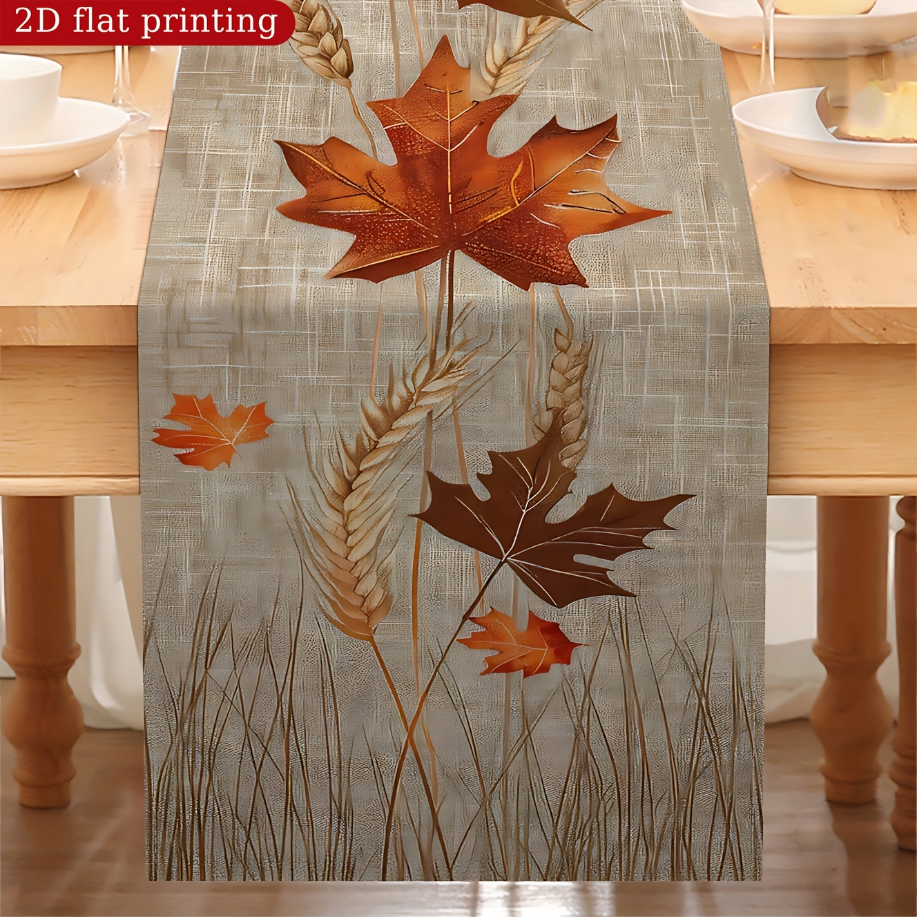 1pc Autumn Runner With And Wheat Patterns - Table Scarf, Earthy Tones, Home Kitchen Decor, Thanksgiving, New Year, Gift, Seasonal Home Accent, Durable Fabric