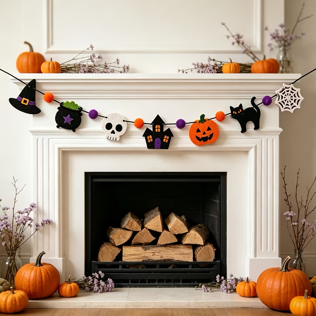 TEMU Banner di Halloween Preassemblato, Pompon, Zucche Spettrali, Fantasmi, , dai Fantasmi, , Cappello da Strega, Decorazioni , Decorazione da Parete