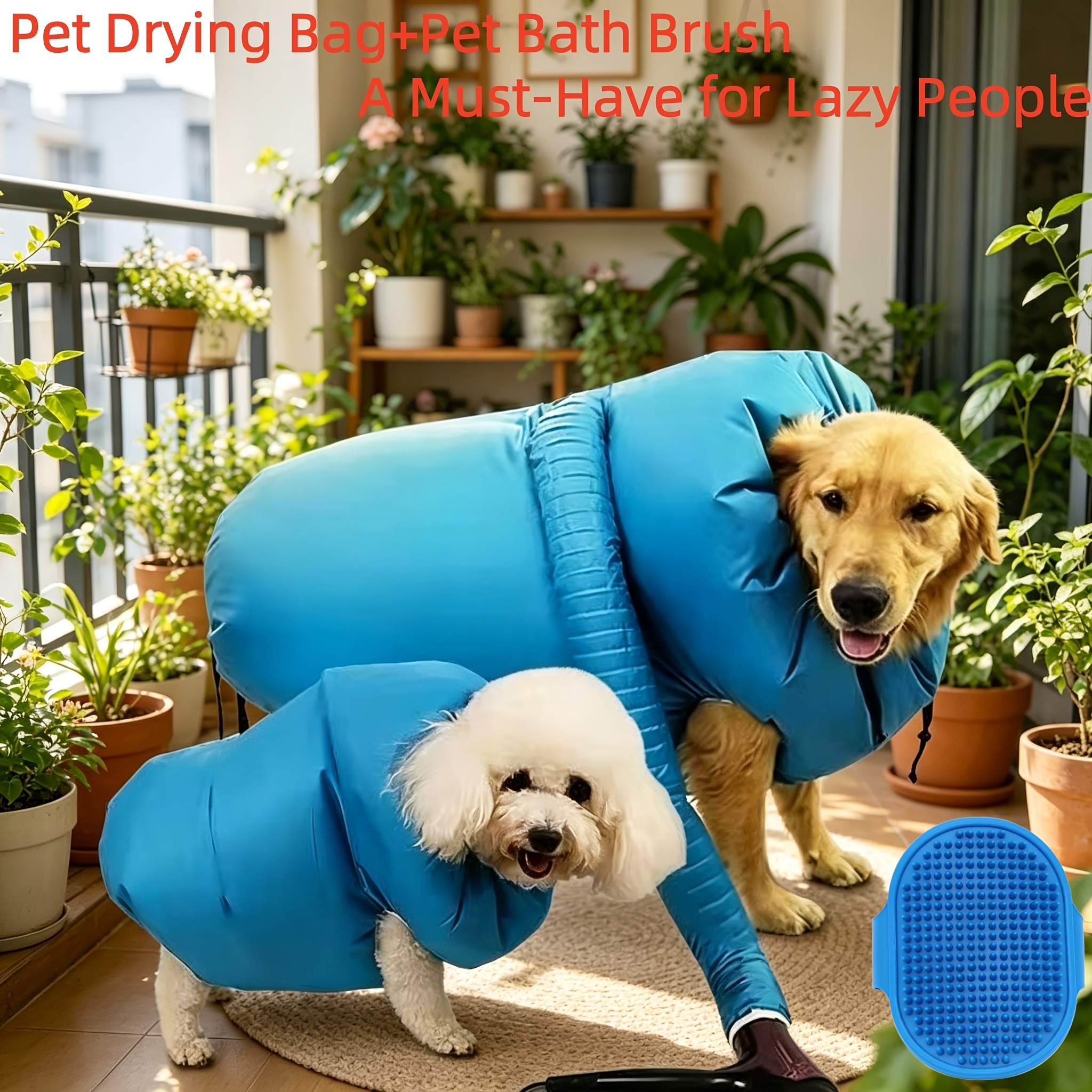 TEMU 2pcs (drying Bag And Pet Bath Brush) Portable Pet Drying Bag - Foldable Pet Hair Dryer (suitable For Cats And Dogs) - Easy-to- Bag - Quick And