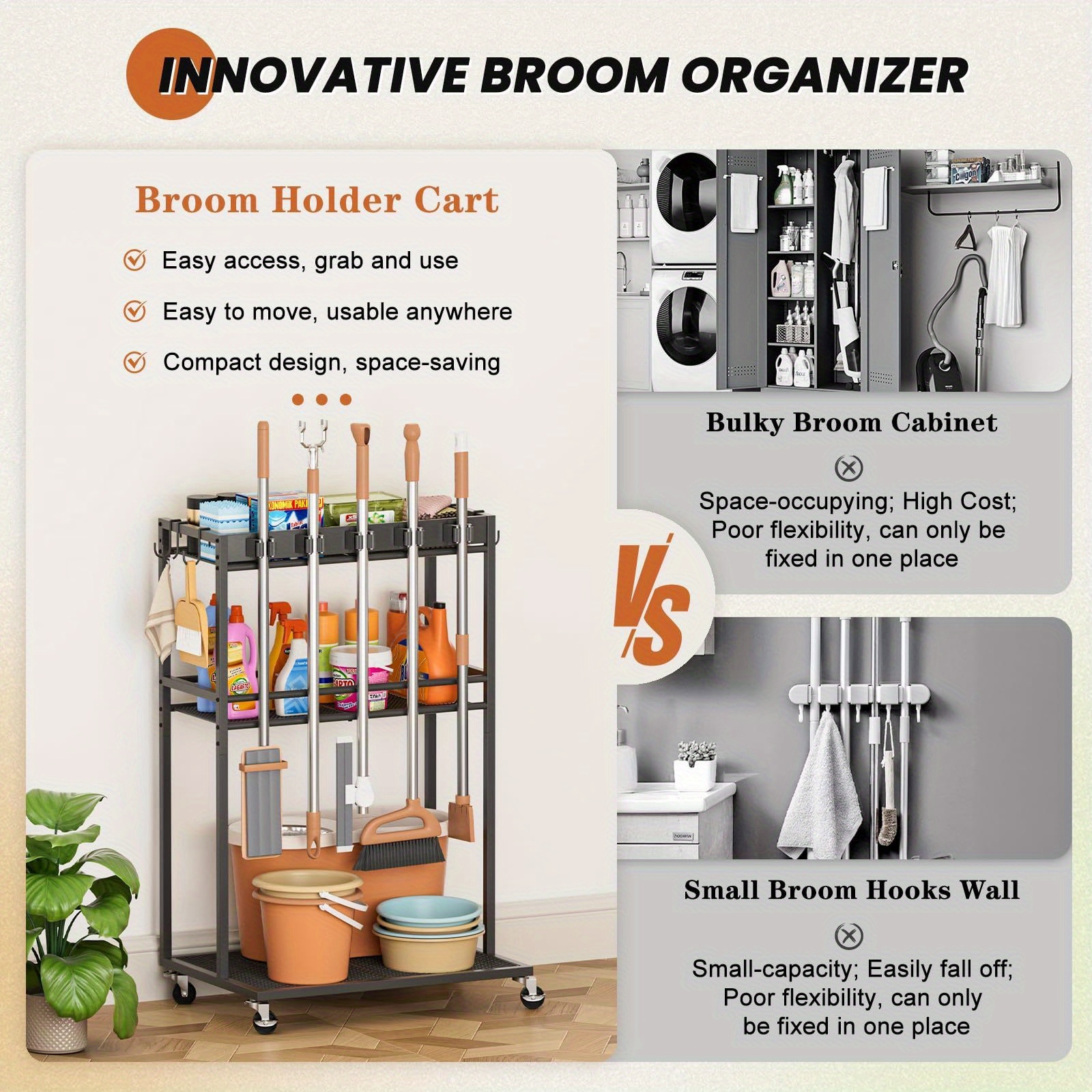 Broom Holder with Cleaning Supplies Organizer for Laundry Room