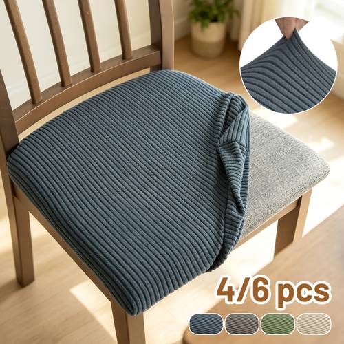 imagen del artículo 4/6 piezas fundas elásticas para sillas de comedor, fundas para sillas con diseño floral a rayas, fundas de tela elástica para sillas, fáciles de instalar y limpiar