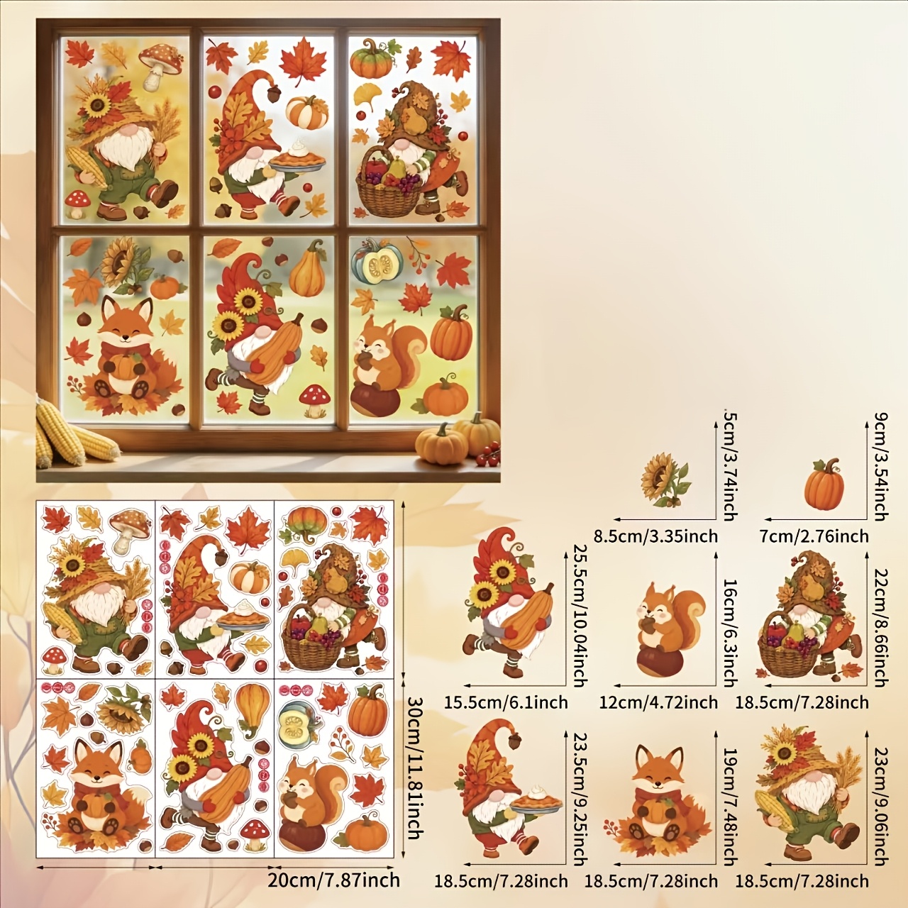 Image of 6 Sheets Thanksgiving-themed Maple Leaf Dwarf Stickers With Static Cling Film For Thanksgiving Party Scene Wall Decorations In Living Room, Window And Glass Ornaments